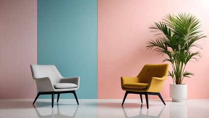 Two Chairs and a Potted Plant Against a Vibrant Blue, Pink, and Green Wall with a Bold Backdrop