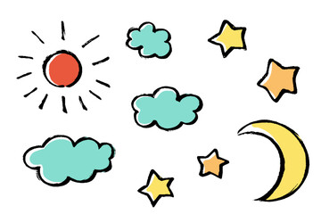 筆タッチの太陽と雲と月と星のセット