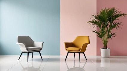 Two Chairs Beside a Potted Plant on a Colorful Wall with a Dynamic Pink and Blue Backdrop