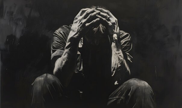 Man sitting alone felling sad worry or fear and hands up on head on black background.