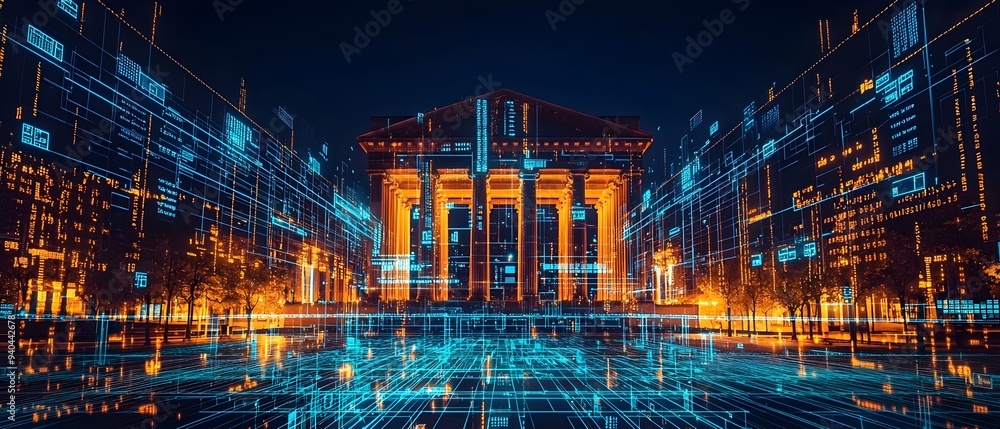 Poster futuristic illuminated government building with holographic projections of economic data and policy 