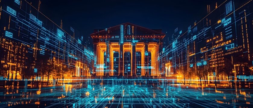 Futuristic illuminated government building with holographic projections of economic data and policy changes representing the concept of national economic planning and data driven decision making