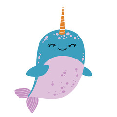Cute Narwhale sea creature cartoon illustration © Kevdc