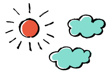 筆タッチの太陽と雲のイラストセット