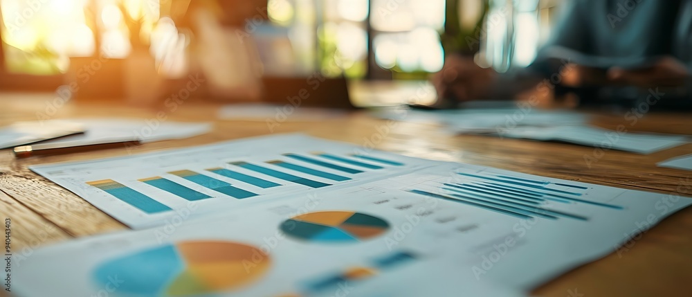 Poster close up view of a virtual desk surface covered in economic policy charts reports and documents as p
