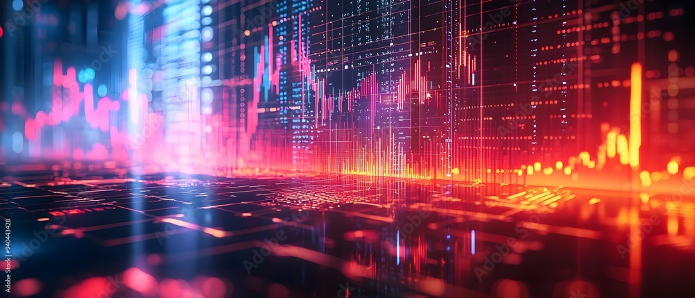 Poster futuristic financial data analysis in a high tech environment with neon lighting and abstract data v
