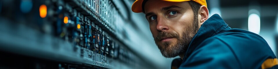 Obraz premium Professional Electrician at Work: Skilled Technician Repairing Electrical Distribution Panel with Cables. Labor Day Tribute to Essential Workers. Engineering Expertise in Action, Showcasing Safety and