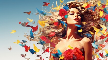 Fototapeta premium Woman and Birds Artistic Portrait of a Woman With Flowing Hair Adorned with Colorful Birds