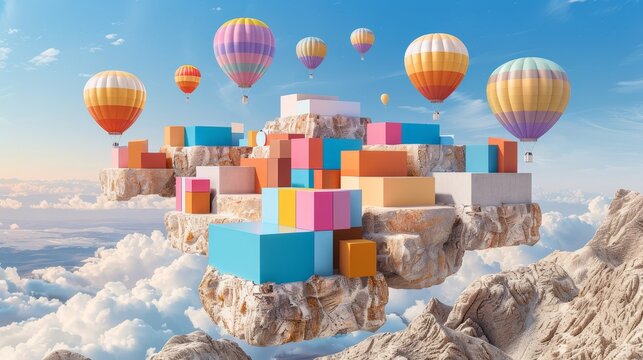 Colorful platform of pastel cubes floating in a dreamy cloudscape with colorful hot air balloons.