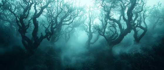Haunting Art Nouveau Inspired Enchanted Forest with Twisted Gnarled Trees and Ethereal Atmosphere