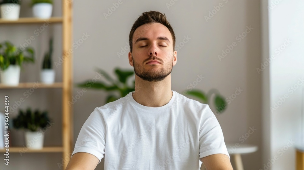 Poster man practicing breathing exercises and meditation techniques to achieve inner calm focus and overall