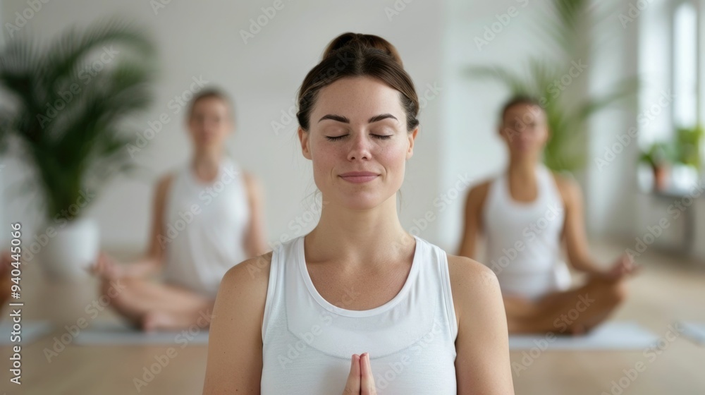 Poster yoga class in a tranquil and serene studio setting emphasizing the blending of physical and mental p