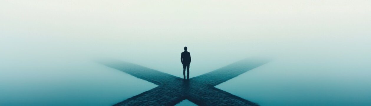 A solitary figure stands at a crossroads in a foggy landscape, symbolizing choices, decisions, and life's uncertain paths.