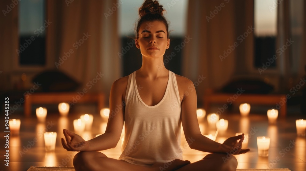 Poster tranquil scene of a woman seated in a meditative pose surrounded by the soft glow of candles in a co