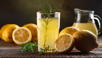 A glass of lemonade sits on a table with a pitcher of lemonade and a few lemons