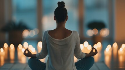 Peaceful woman meditating in a candle lit room creating a calming and reflective atmosphere with a deep depth of field  The scene exudes a sense of serenity wellness and spiritual introspection