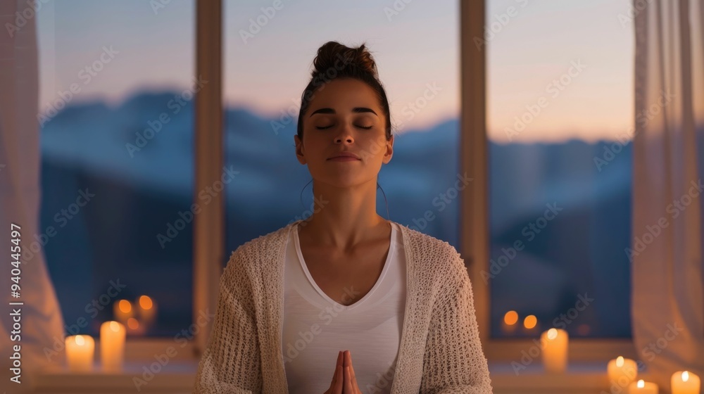 Poster a woman sits cross legged on the floor of a cozy candle lit room creating a serene and reflective at