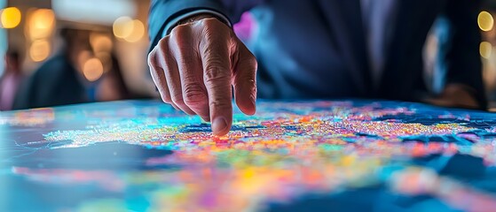 Close up view of government officials strategically discussing economic policy and decisions over a digital map data visualization