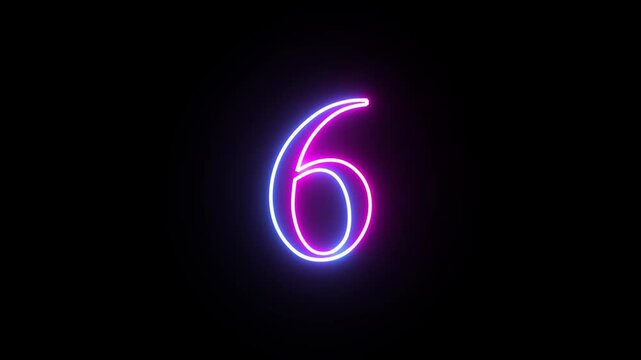 Glowing neon numeric number 6 animation. Purple and blue neon font alphanumeric "6" on black background. Educational concept