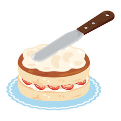 パレットナイフでクリームを塗られるスポンジケーキ