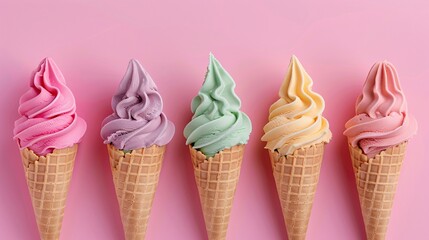 5. Five colorful ice cream cones aligned in a row, pastel background, featuring pink strawberry, beige vanilla, peach, lavender, and turquoise flavors, waffle cones, soft serve style, minimalist