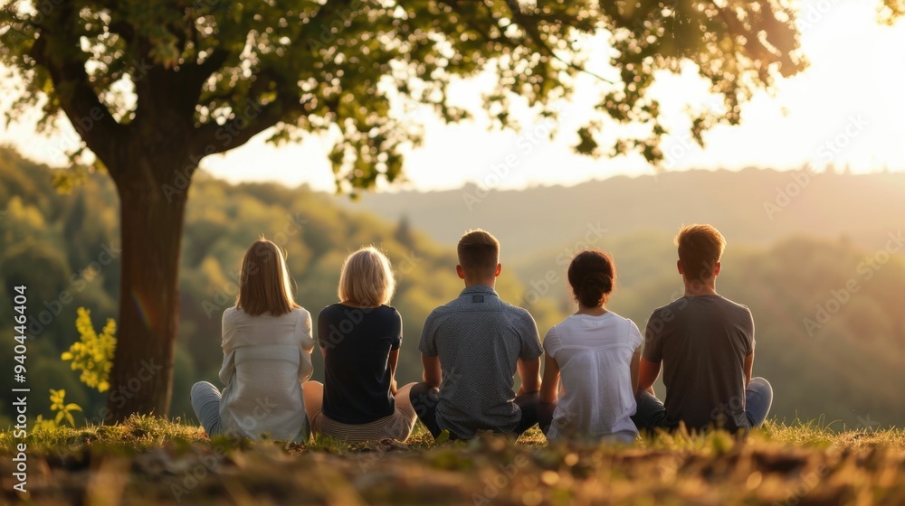 Poster group of people engaging in a tranquil meditation session under the shade of a large lush tree the d