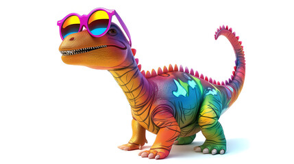 Naklejka premium Colorful cartoon dinosaur wearing sunglasses, looks cute and cool on white background.