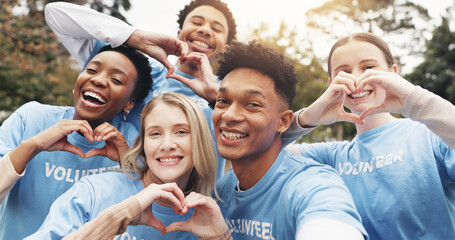 Selfie, volunteer and support of friends in park with heart hands for sustainable green project. Digital photography, men and women in outdoor solidarity, community love icon or social responsibility