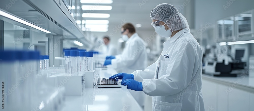 Poster lab technician working on samples in a modern laboratory