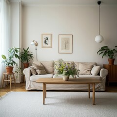 Interior design, living room, beige sofa, wooden coffee table, houseplants, minimalist decor, framed art, neutral color palette, natural textures, warm lighting, cozy atmosphere, scandinavian style, h