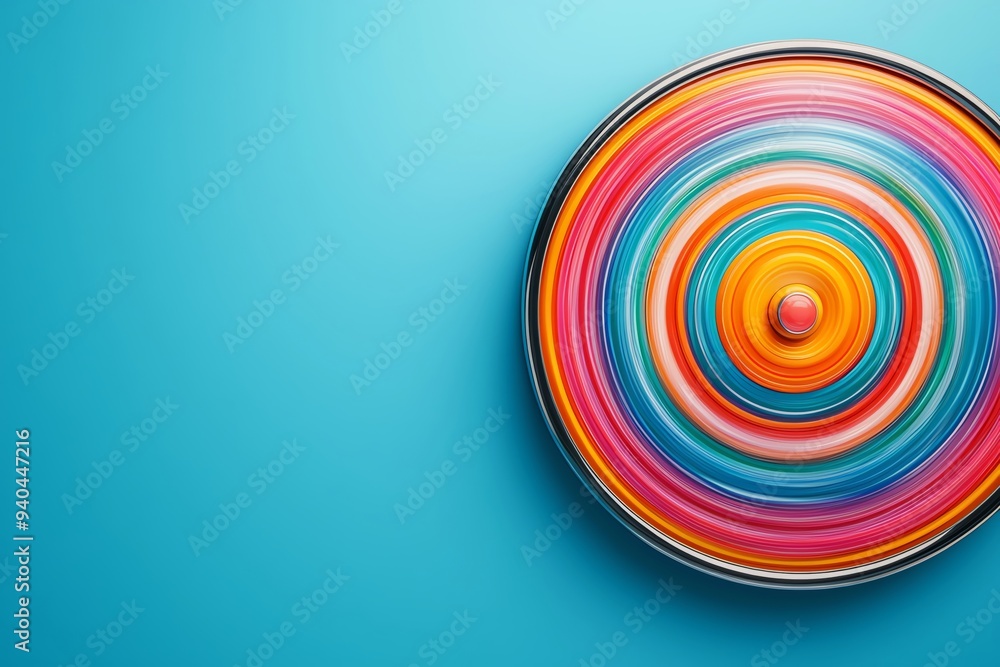Poster abstract colorful circular pattern on blue background. vibrant, dynamic design with concentric circl
