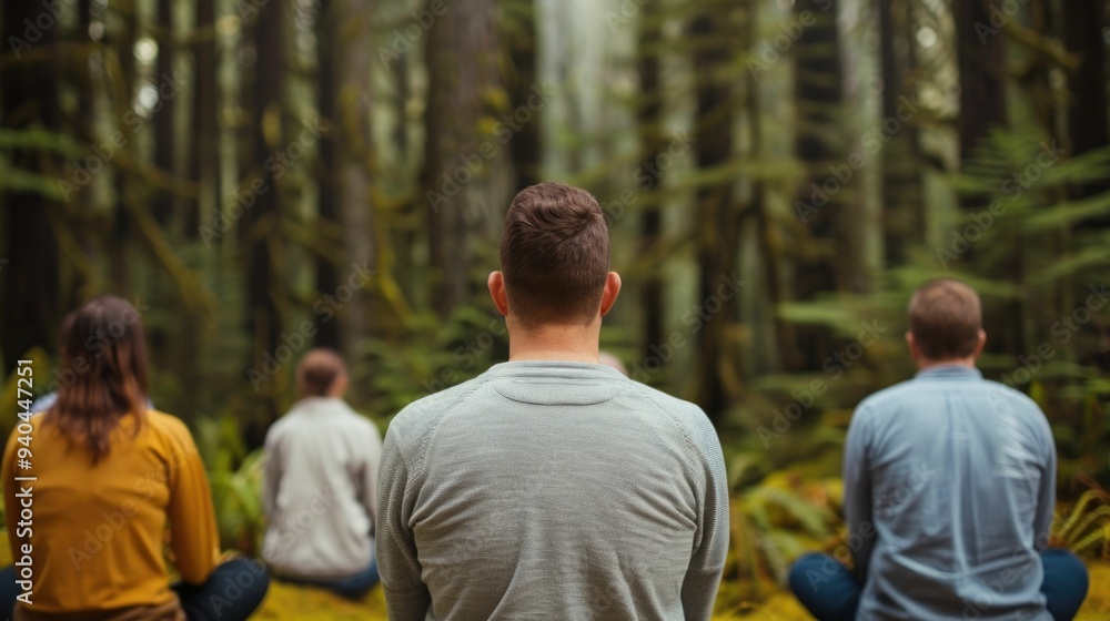 Poster participants of a meditation retreat immersed in the tranquil serene atmosphere of a lush forest eng