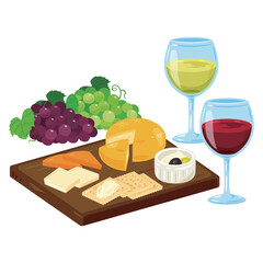 木製プレートに盛られたチーズとワイン