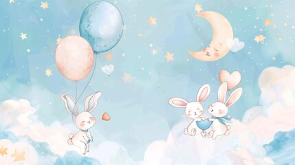 1.Cute cartoon bunnies, pastel blue and peach colors, heart-shaped balloons, fluffy clouds, crescent moon, stars, soft watercolor texture, baby nursery illustration, kawaii style, bunny holding