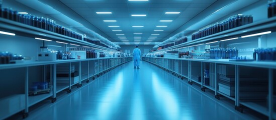 A lone figure walks down a sterile, blue-lit corridor lined with shelves of laboratory equipment.