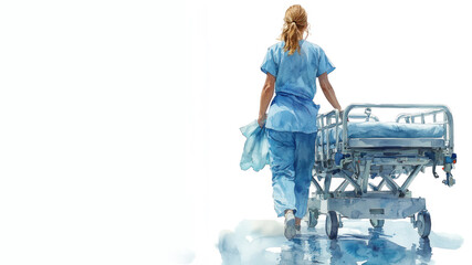 Blue watercolor painting of a nurse with gurney stretcher bed