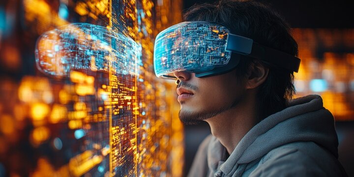 Futuristic Computer Engineer Visualizes 3D Holographic Models with VR Headset. Cutting-Edge Technology Enhances Scientific Research and Data Analysis. Perfect for High-Tech Marketing, Innovation Showc