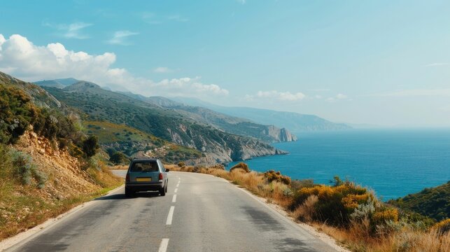 Couple driving on a winding scenic coastal road during a romantic road trip adventure through the stunning natural landscape