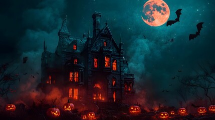 Spooky mansion surrounded by glowing pumpkins under a full moon.
