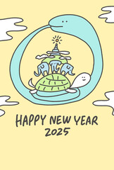 古代インドの宇宙観の年賀状　　巨大な蛇と亀と象　2025