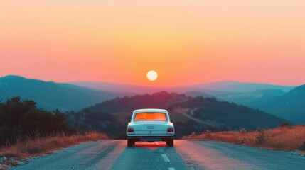 Fototapeta premium Scenic road trip sunset at a breathtaking mountain overlook with an expansive panoramic view of the distant landscape and a dramatic depth of field effect