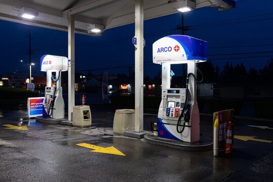 Portland, Oregon, USA-March 14, 2022- US Famous gas station brands like Chevron Standard Arco pumped raised prices during Covid-19 pandemic