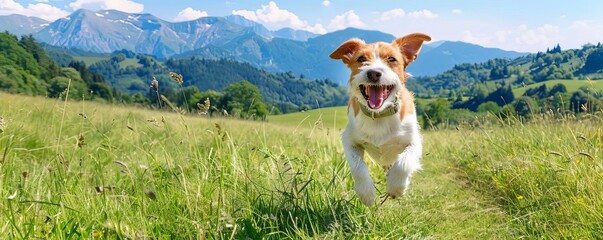Dog running in a green meadow with mountains in the background, scenic landscape, outdoor pet activity
