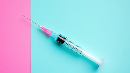 Fototapeta premium Syringe with vaccine on a pink-blue background. Horizontal banner. National Influenza Vaccination Week. National Immunization Awareness Month. Immunization and vaccination. Free space for text