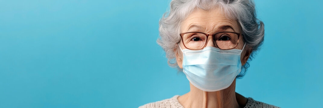 Elderly gray-haired patient in mask. Horizontal banner. National Influenza Vaccination Week. National Immunization Awareness Month. Immunization and vaccination. Copy space. World patient safety day