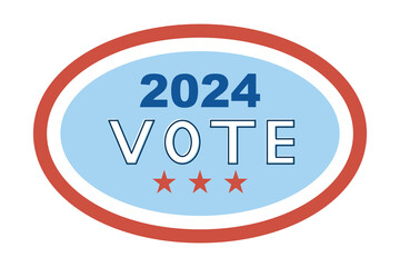 Vote 2024. Blue oval with the words vote 2024 and red stars. Element for election themed design. Isolated vector illustration.