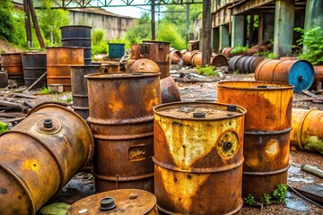 Rusted, leaking drums with hazmat symbols and warning labels, surrounded by scattered toxic waste and debris, in a neglected, overgrown industrial waste site.