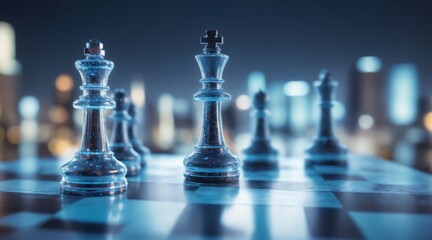 Glass Chess Pieces in Starting Positions on Blurred City Backgro