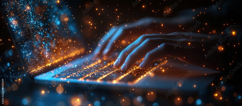 Poster digital magic: a close-up of hands typing on a laptop with a sparkling display