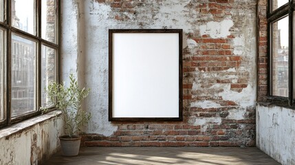 Empty Frame Hung on Weathered Brick Wall in a Room with a Window
